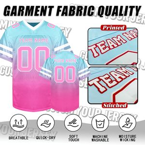 Custom Sublimated American Football Jersey V-Neck Short Sleeve Breathable Mesh Gradient Pink Blue Team Name Number Printed - Product Image 6