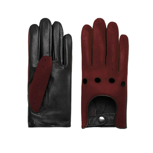 Gants de conduite unisexes en cuir de mouton noir et bordeaux, respirants, perforés, sans doigts, avec fermeture à bouton-pression - Product Image 1
