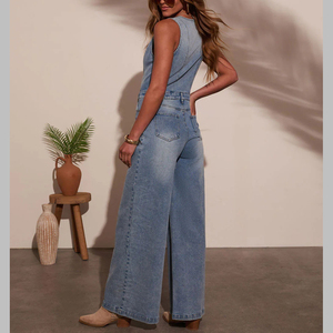 Mono de mujer sin mangas de Spandex/Poliéster con cuello en V, botones, cintura alta, pierna ancha, lavado, casual, corto, transpirable, para verano - Product Image 4