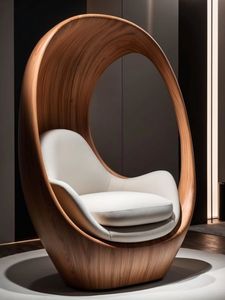 Sillón Ergonómico Moderno de Madera Maciza, Sofá Tapizado en Forma de Luna para Sala de Estar, Dormitorio, Decoración de Muebles - Product Image 4