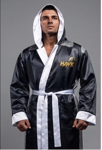 HAWK SPORTS INDUSTRIES Plavok Robe de boxe noire et blanche en satin polyester durable, confortable pour l'entraînement en arts martiaux, toutes saisons - Product Image 5