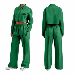 Ensemble de survêtement 100 % polyester pour femme, manches longues, fermeture éclair frontale, logo, coupe ample, décontracté, automne, couleur unie, pantalon large, respirant - Product Image 1