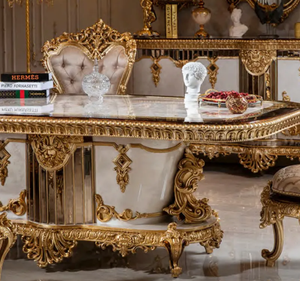 Juego de Mesa de Comedor Rectangular de Madera de Teca Dorada de Lujo, Estilo Europeo Clásico Tallado, Ecológico, Duradero, Muebles de Comedor para Hotel - Product Image 4