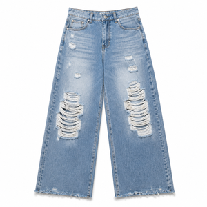 Jean déchiré taille haute pour femme, coupe large, respirant, écologique, délavé, style streetwear ample, été-automne - Product Image 4