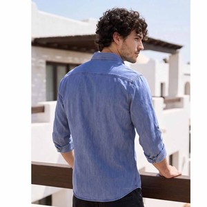 <b>Men's</b> Blue 100% Cotton Long Sleeve Casual <b>Shirt</b> With Button Down Collar And Front Logo Summer Wear - Product Image 3