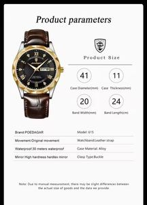 Luxury Men's Quartz <b>Watch</b> 615 Waterproof Luminous Date Week Display Business Wristwatch Leather Strap - Product Image 4