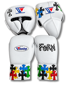 Set de Guantes de Boxeo Winning, Guantes de Cuero Blanco con Protección para la Cabeza, Protector Inguinal, Transpirables, con Cordones, Equipo de Boxeo para Adultos - Product Image 1