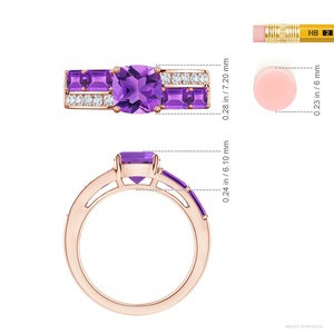 Natural 7mm Cushion & 5*3 5mm Emerald Cut Amethyst & Round Diamond Double Band Ring 14k Gold Dual Band Wedding Ring For Women - Product Image 2