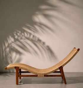 Chaise longue moderne en rotin avec pieds en teck, dossier inclinable, design mid-century, meubles de salon - Product Image 3