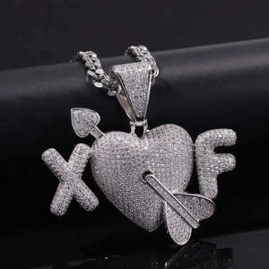 925 Sterling Silver Iced <b>Heart</b> Brilliant Cut Moissanite Pendant Letter XOF Charm Silver Plated Hip Hop Unisex Gift Jewelry - Product Image 1