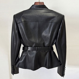Wholesale Fashion Casual Ladies Coat Customized Faux <b>Leather</b> <b>Long</b> Sleeve Belted Detail Blazer <b>Jacket</b> for Women - Product Image 1