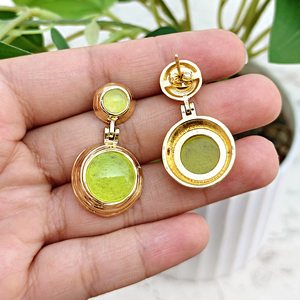Pendientes colgantes de moda con cabujón de prehnita y jade de doble tono, gruesos, de 6mm/12mm, chapados en oro de 18k, de latón macizo con cierre a presión, joyería al por mayor - Product Image 5