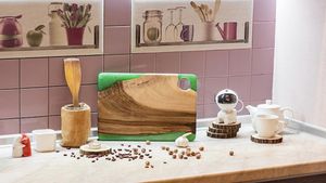 Nature Blend Eco-friendly Dishwasher <b>Safe</b> 1.5cm Thick Rectangle Resin Chopping Block with Wood <b>Knife</b> Handle - Product Image 4