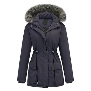 Women Winter Parka Jacket Genuine Leather Shell Fur Trim Hood Windproof Quilted Breathable Cotton Filled Long Sleeve <b>Animal</b> - Product Image 2