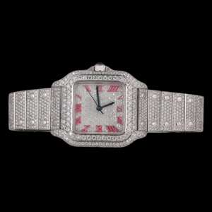 Men's <b>Watch</b> Red Number Dial Brilliant Cut Moissanite Diamonds <b>Black</b> White Ice Stainless Steel Band Glass Dial Window for Men - Product Image 1