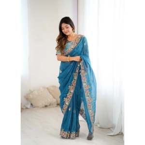 Hermoso Sari de Chifón para Fiestas con Bordado y Silueta Recta - Product Image 5
