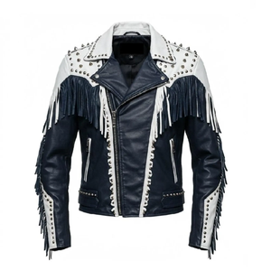 Men's Black And White Genuine Leather <b>Biker</b> <b>Jacket</b> With Fringe Rivet Zipper Closure Regular Fit Autumn Wear - Product Image 2