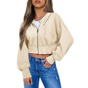 Ladies Cropped Zipper Hoodies Drop Shoulder Hooded <b>Tops</b> Long Sleeve Cotton Blend <b>Zip</b> <b>Front</b> Cuffs Casual Street Fashion Wear - Product Image 1