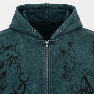 Custom Acid Wash <b>Distressed</b> Jogging Set Men Heavyweight Printing Zip Up Tracksuit Hoodie Straight Leg Flared Sweatpants - Product Image 4