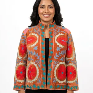 Ladies Suzani Autumn/Winter Cotton Velvet Bomber <b>Jacket</b> Full Sleeve Mandarin Collar Embroidery Floral Pattern Back Logo XL Size - Product Image 3
