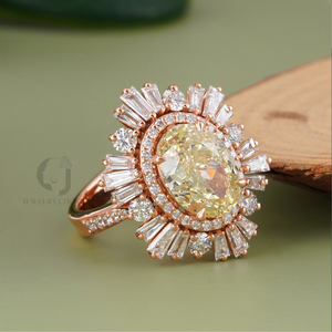 Rudakiya Brothers Women's Engagement 14K Rose White Gold Sunburst Halo VVS-VS 3.56 CT Fancy Yellow Oval Lab Grown Diamond Ring - Product Image 2