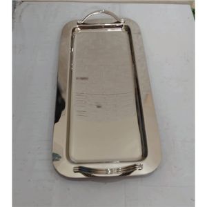 Elegante bandeja decorativa de metal plateado, moderna bandeja ovalada para servir alimentos con asas cortadas con láser para decoración de mesas de bodas y fiestas. - Product Image 2