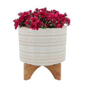 Maceta minimalista de metal con soporte de madera, esmaltada en blanco, para plantas de interior. - Product Image 3