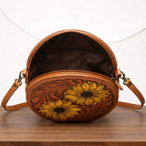 Trending Western Handmade Genuine Leather Sunflower Crossbody Bag Hand-Carved Floral Tooled Canteen Purse for Women Custom OEM - Product Image 6