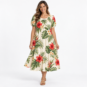 Floral Print A-Line Dress O-Neck Short Sleeve Tea-Length Summer Casual Women's Dress wholesale rate best selling custom - Product Image 1