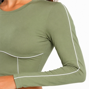 Camiseta de Yoga de Manga Larga para Mujer, Cuello Redondo, Color Sólido, Transpirable, Antibacteriana, Costuras en Contraste, Ajuste Ceñido, Elástica Premium - Product Image 4