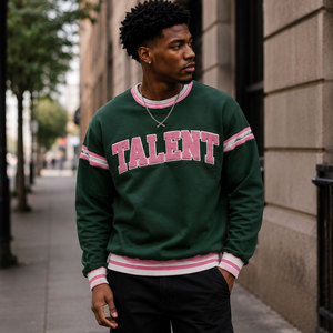 <b>Men's</b> Custom Green Crewneck Sweatshirt with <b>Pink</b> Chenille Varsity Lettering Striped Sleeves and Ribbed Hem - Product Image 1