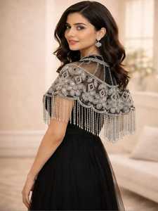 Golden Beaded Tassel <b>Cape</b> Wrap With High Collar For Wedding Adult Black Silver Hand Beaded Embroidered Fringe <b>Cape</b> for <b>Women</b> - Product Image 5