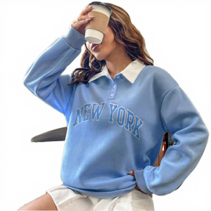 เสื้อสเวตเชิ้ตแขนยาวสไตล์พรีปปี้พิมพ์ลายตัวอักษรนิวยอร์กสีน้ำเงินสำหรับผู้หญิง คอปกติดกระดุม เสื้อลำลองสำหรับฤดูใบไม้ร่วง - Product Image 3
