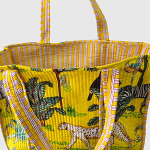 <b>Yellow</b> Cotton Tote <b>Bag</b> With Animal Print Bohemian Style Open Top For Shopping All Seasons - Product Image 2