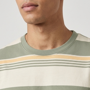 T-shirt pour homme à rayures horizontales d'inspiration vintage, avec des lignes vert terre, crème et jaune moutarde, pour une mode décontractée d'été - Product Image 5