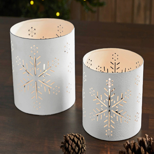 Ensemble de 2 porte-bougies votives en métal blanc vieilli motif flocon de neige, porte-bougies votives de Noël motif flocon de neige - Product Image 1