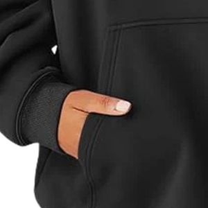 Sweat à capuche noir pour femme, manches longues, imprimé graphique lettres, poche kangourou, coupe décontractée, pour le quotidien - Product Image 2