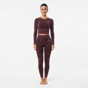 Women Burgundy Acid Wash <b>Long</b> <b>Sleeve</b> Crop <b>Top</b> Leggings Set High Waist Gym Yoga <b>Workout</b> Activewear - Product Image 2