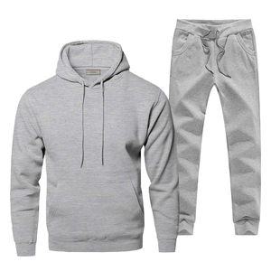 Survêtement gris à capuche pour homme, manches longues, couleur unie, sweat-shirt et pantalon de jogging décontractés en coton avec poches latérales, en vente - Product Image 1