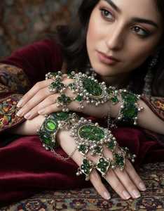 Exquisite Elaborate Traditional Tribal Wedding Gift Hand Jewelry <b>Set</b> Featuring Deep Luminous Blue Pearl Oval Beads Strung - Product Image 5