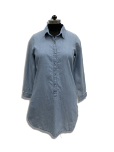 Vestido Camisero de Mezclilla con Cuello Camisero, Manga Tres Cuartos, Corte Holgado, Largo Midi, Uso Diario Informal, Dobladillo Asimétrico - Product Image 1