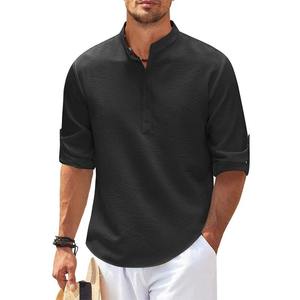 Chemise décontractée pour homme, vert clair, col montant, manches courtes, coupe classique, 100 % coton tissé, respirante, couleur unie - Product Image 6