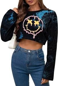 Women's Tie Dye Crop <b>Top</b> Long Sleeve O-Neck Knitted Sweatshirt Cartoon Smiley Print Y2K Style Autumn Wear - Product Image 5