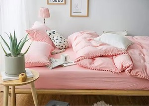 Parure de lit rose unie 4 pièces en coton, style simple, avec surpiqûres, pour usage domestique, lavable en machine, 400TC - Product Image 1