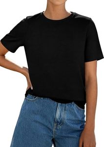 Haut court noir à col en V et manches courtes pour femme, coupe classique, en coton tricoté, couleur unie, respirant, écologique, séchage rapide - Product Image 4