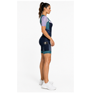 Combinaison de triathlon pour femme, bleu marine, motif géométrique violet, manches courtes, sans couture, respirante, compression ajustée, réversible - Product Image 5
