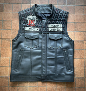 Custom Men's Genuine Leather Biker Vest with Quilted Shoulders and Red Stitching - Product Image 1
