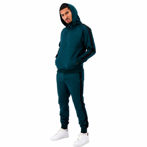 Men Dark Green <b>Hooded</b> Tracksuit Full <b>Zip</b> Sweatshirt & Pants Set Solid Color Casual Autumn Wear Regular Fit Side Pockets - Product Image 3