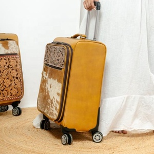 <b>Tooled</b> Leather Travel <b>Trolley</b> Bag for Unisex Hair On Genuine Cow Leather Floral Carry On Luggage Durable Luxury Rolling Suitcase - Product Image 3