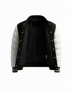 Blouson matelassé varsity noir et blanc pour homme, manteau bomber d'hiver matelassé, boutons-pression, streetwear, logo personnalisé, fabricant OEM ODM - Product Image 2